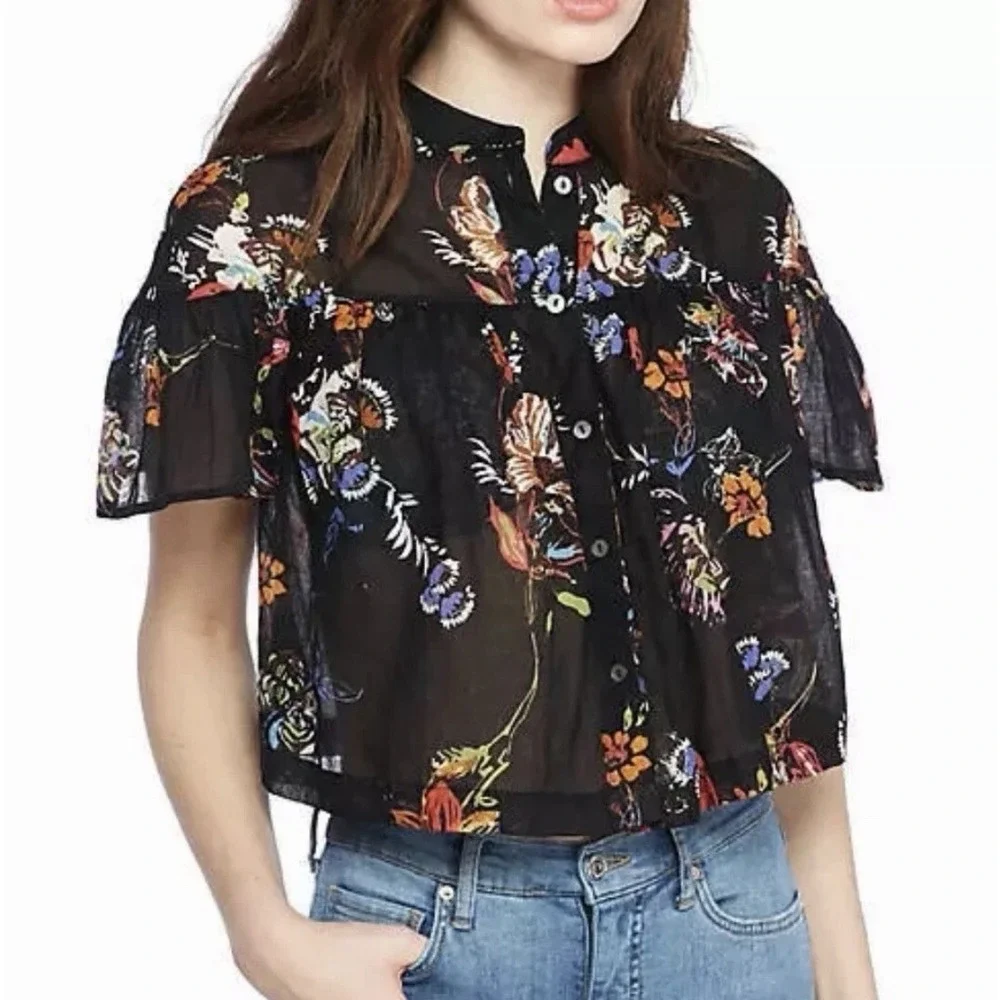 Free People Sweet Escape Top XS Black Floral Baby Doll Flutter Fairy Whimsical